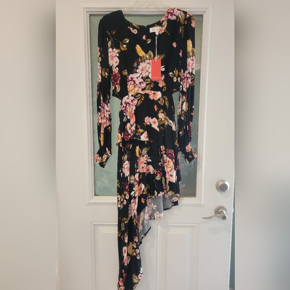 Rampage High Low Dress, M, Black/Pink/Floral